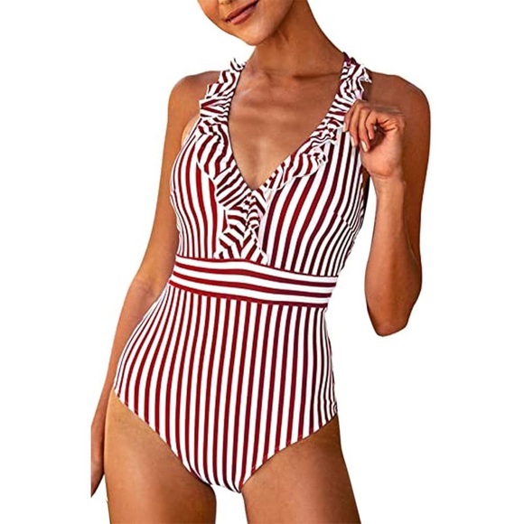 Women One Piece Swimsuit Tummy Control Bathing Suit Ruffled V Neck Swimwear NWT - Picture 1 of 2